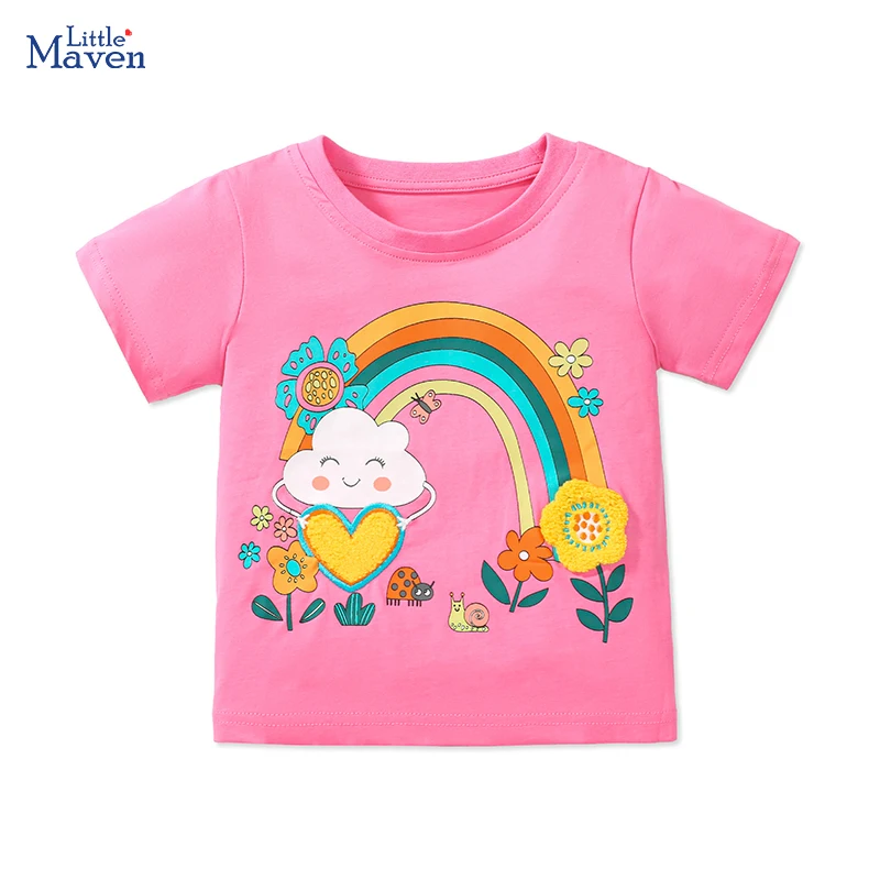 Little maven 2024 Summer Kids Clothes for neonate magliette Cartoon Rainbow Flowers abbigliamento per bambini Cotton Tops Tees