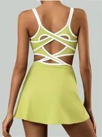 Tennis Dress Women Sleeveless Push Up Padded Sport Dresses Training Running Fitness Hollow Out Backless Slim Badminton Suit