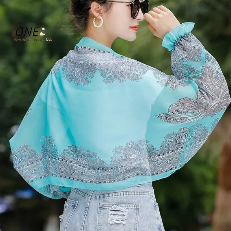 

Spring Summer Chiffon Sunscreen Fake Collar Clothing Shawl Outdoor Riding Cashew Printing Sun Protection Sleeves Silk Scarf Wrap