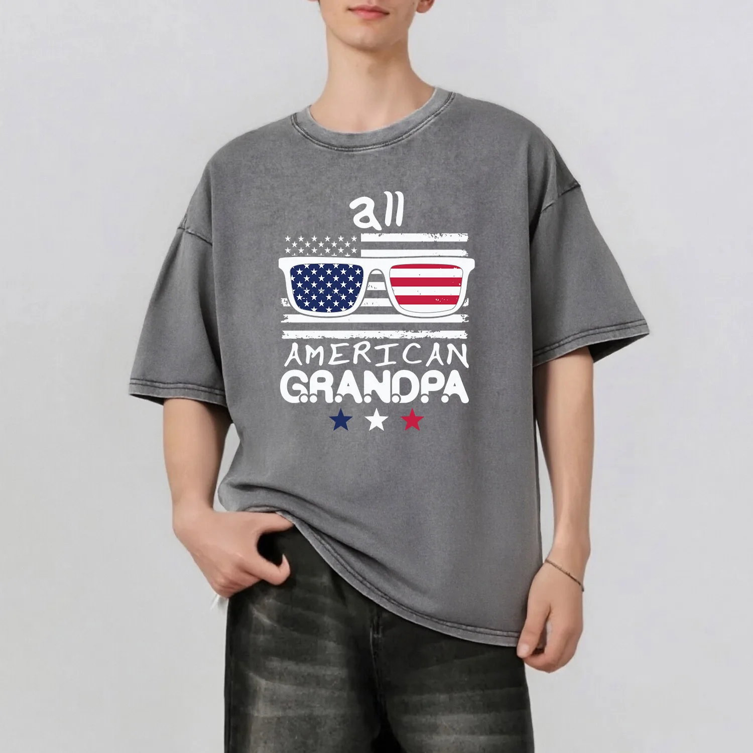 

American Elements Graphic Printing Men's Summer Retro Style Washed Water T-Shirt Casual Short Sleeved Basic Men's Top 230G