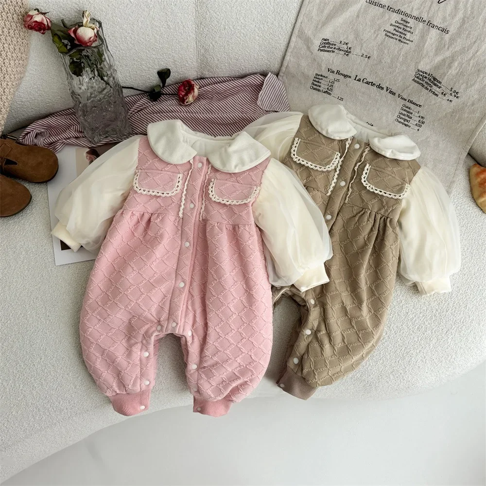 2024 Winter New in Newborn Kids Thicken Warm Clothing Outfits , Toddler Baby Patchwork Little Fragrance Style Jumpsuits Romper