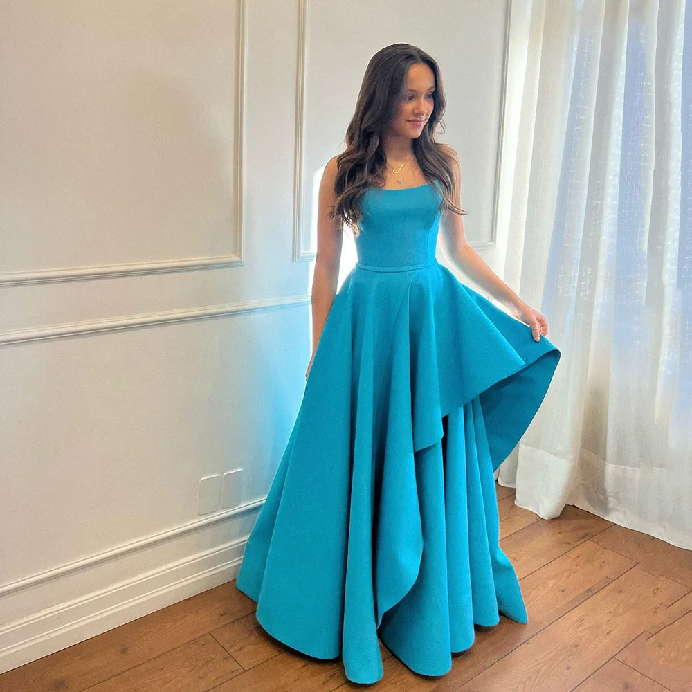 

Elegant Blue Prom Dress 2026 A-Line Strapless Layered Skirt Satin Formal Gown With Pockets Ruffle Evening Party Dress Customized
