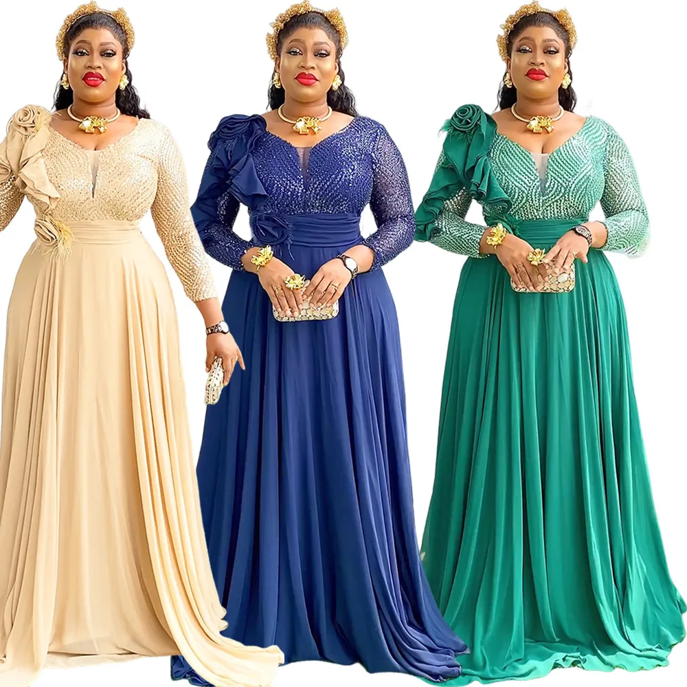 

Plus Size V Neck Chiffon Maxi Dress Long Sleeve Sparkle Sequin Top 3D Ruffle Flower African Mother of Bride Gown