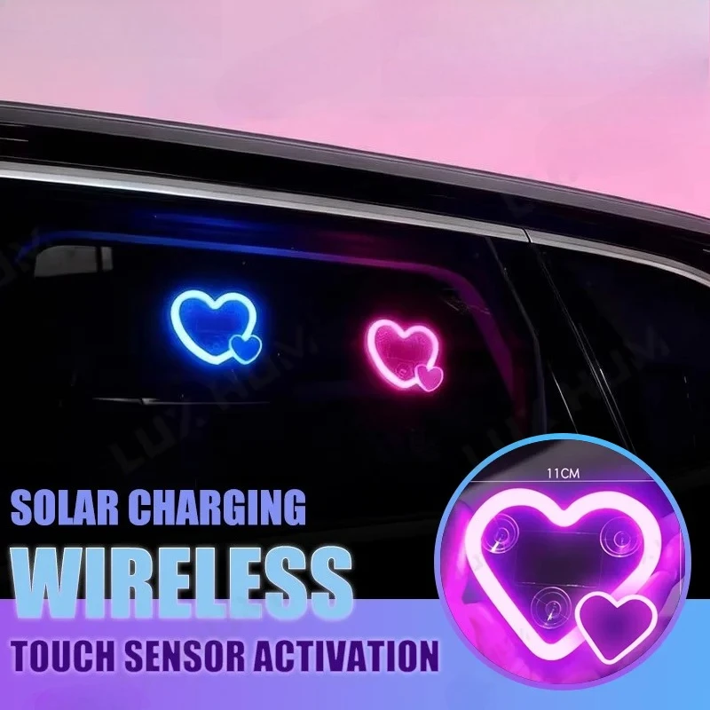 Solar Powered Car Neon Light Wireless Cute Heart Shaped Led Ambient Light Suction Cup USB Rechargeable Atmosphere Breathing Lamp