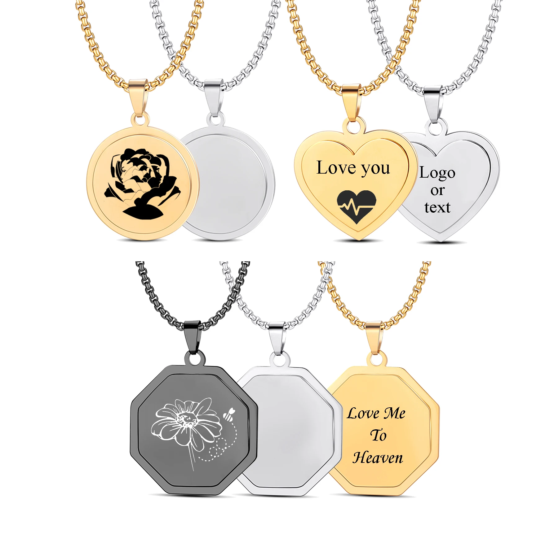 Custom Engrave Text Logo Pendant Octagon Heart Round Double-layer Dog Tag Stainless Steel Neaklace For Women Men Jewelry Gift