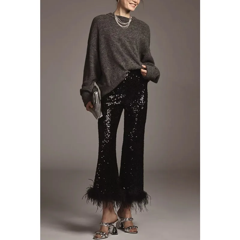 Women's Elegant High Waist Flared Trousers Luxury Sequin & Feather Hem Sparkly Party Pants