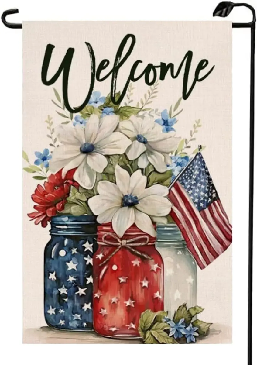 Independence Day Floral Mason Jar Garden Flag 12x18 Double Sided Burlap Patriotic Flowers Red Blue 4th of July Memorial Day Holi