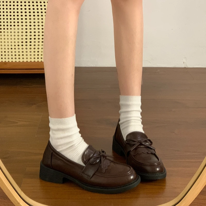 

Винтажные женские туфли без шнуровки Мэри Джейн, модные туфли с узлом-бабочкой, весна 2026, женские лаконичные модельные туфли-лоферы на толстом каблуке