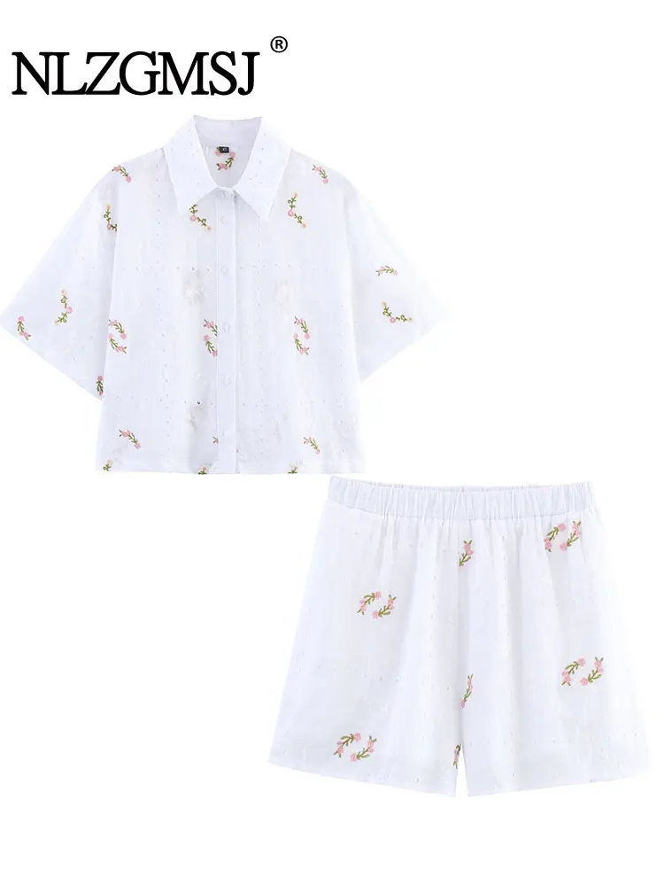 

NLZGMSJ повседневный простой женский костюм с вышивкой, блузка с короткими рукавами, шорты, новинка 2025 года, модный летний комфортный праздничный шикарный комплект