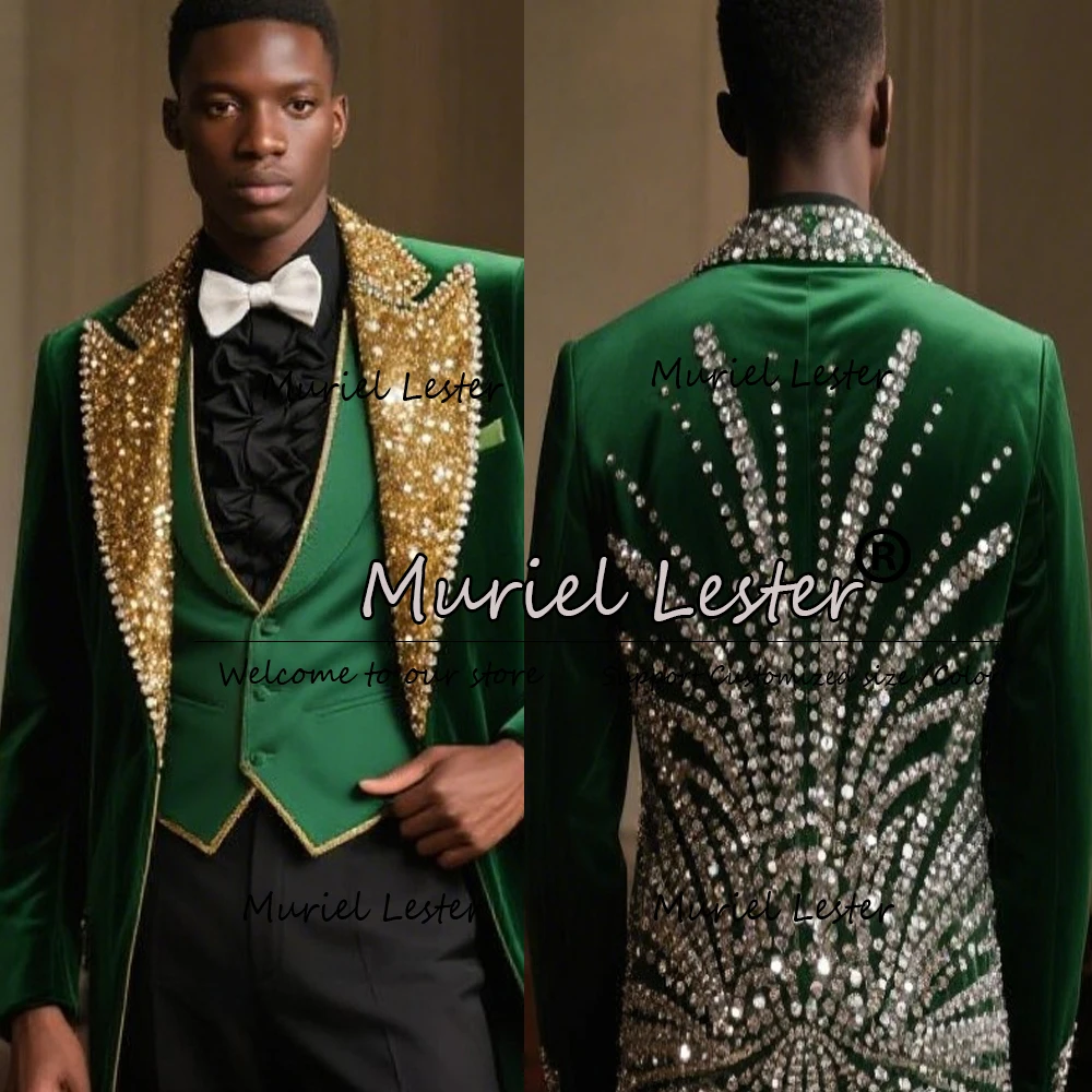 

Luxury Beaded Stones Suits Men 3 Pieces Sets Sparkling Gold Sequins Lapel Party Blazers Customized Groom Wedding Tuxedo Slim Fit