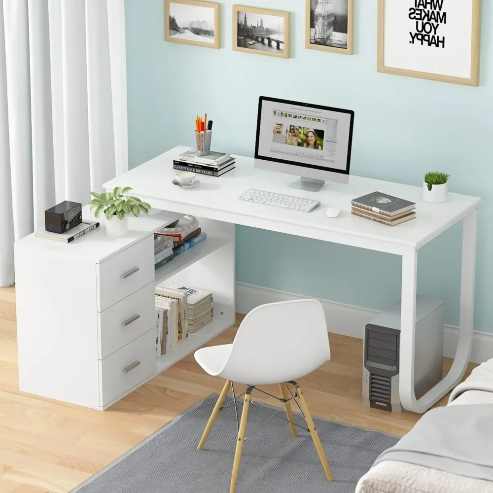 Home Office Computer Desk Corner Desk with 3 Drawers and 2 Shelves, 55 Inch Large L-Shaped Study Writing Table with Storage