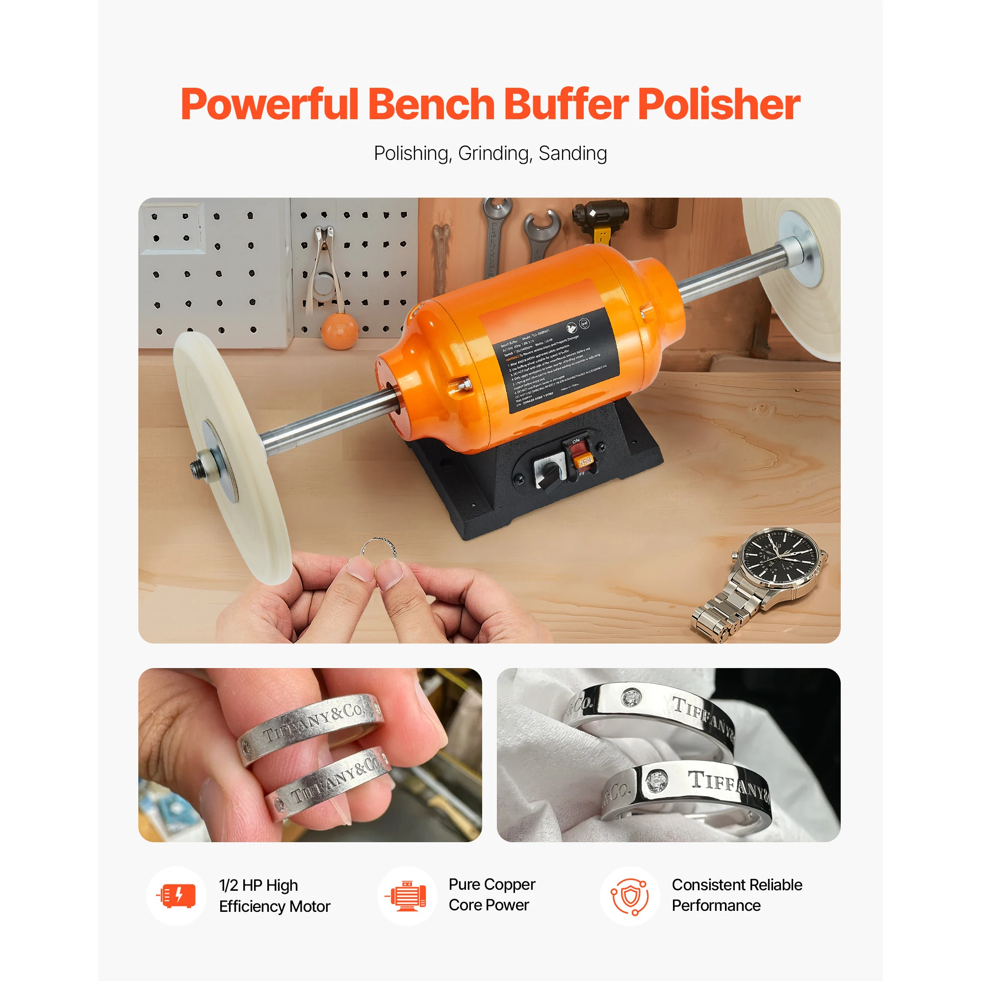 SucceBuy 1/2HP Bench Buffer Polisher 8inch 1725RPM/3450RPM Dual Speed with 2PCS Cotton Wheels Cast Iron Base for Metal Jewelry