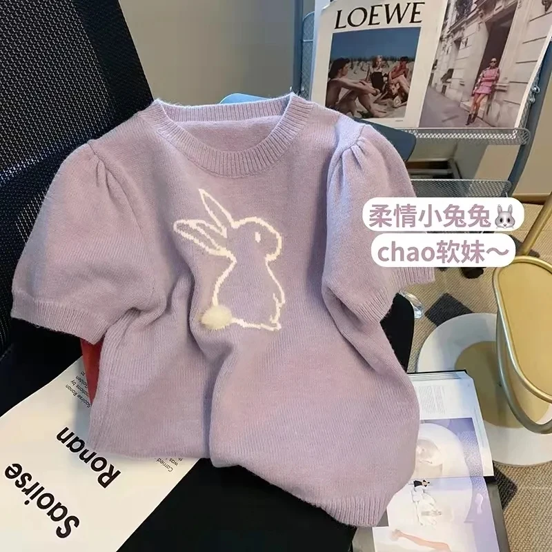 

Korean Sweet Cute Bunny Print O-neck Pullover Sweater Women Casual ​loose Short Sleeve Women Sweater Summer Slim Preppy Style To