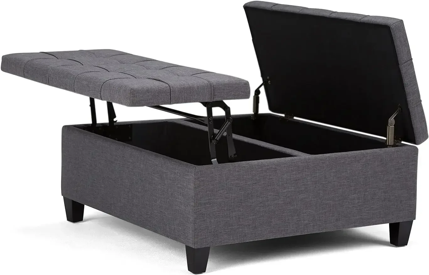 

Table Lift Top Storage Ottoman in Upholstered Slate Grey Tufted Linen Look 36 inch Wide Square Coffee