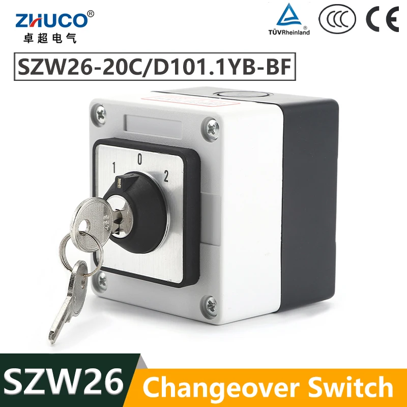 

ZHUCO SZW26/LW26-20 ON-OFF-ON 20A 1 Phase Selector Universal Cam Changeover Key Switch With Waterproof And dustproof Sealed Box