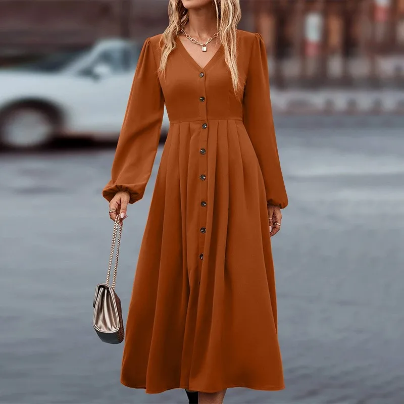 

Women V-neck Long Sleeve Elegant Autumn Winter Long Dress Female A-line Dress Chic Vestidos V-neck Single Breasted Fashion Dress