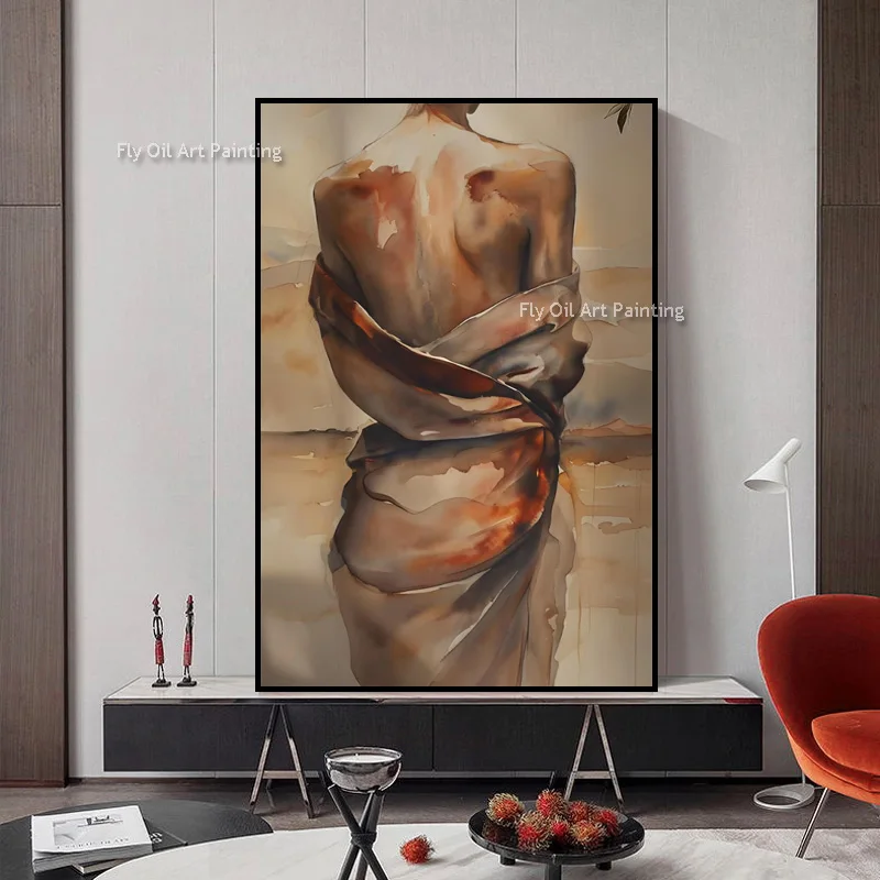 Brown Sexy Women Handmade Wall Art Decor For Bedroom Yellow Beige And Brown Women Back Canvas Thick Oil Painting New Artwork