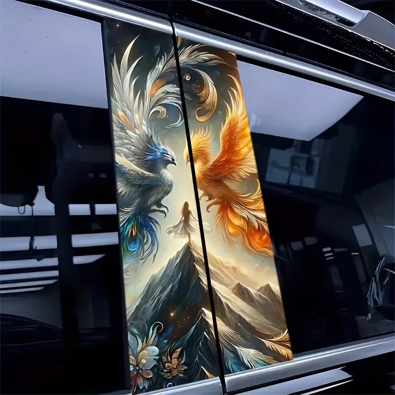 2 “Fire and Ice Phoenix” graphene decals, high-gloss peel-and-stick wall art, reusable stickers with cartoon and fantasy themes,