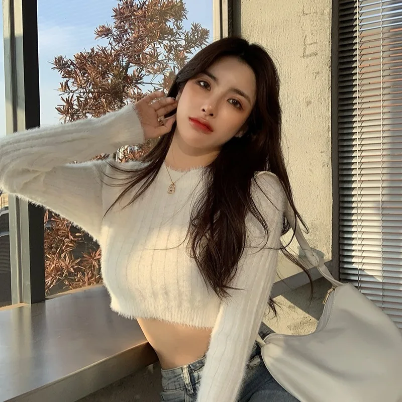 

Весенне-осенний облегающий вязаный свитер с длинным рукавом для женщин, модный, из искусственной норки, однотонный, в стиле кэжуал