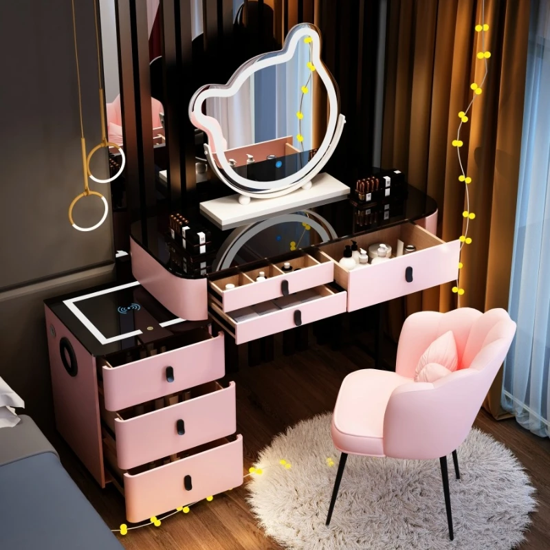 

All solid wood smart wireless charging dresser bedroom modern simple light luxury rock slab makeup table storage cabinet