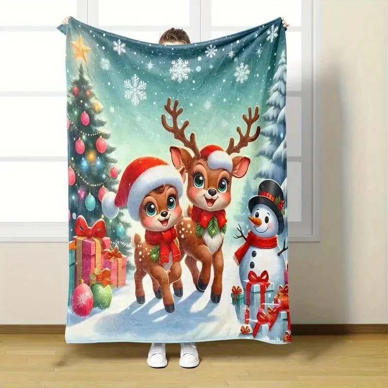 Christmas Reindeer & Snowman Flannel Throw Blanket, Soft Warm, Bed, Car, Office, Camping - Machine Washable, Mixed Colors