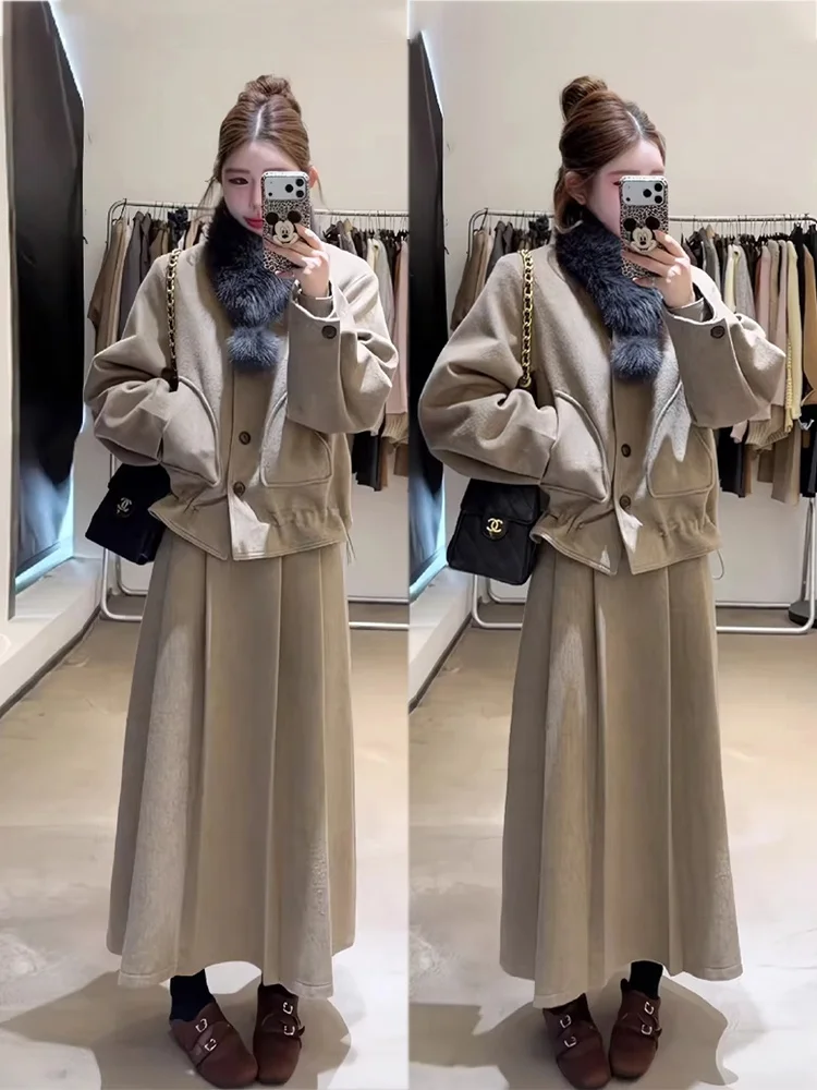 

Stylish Winter Outfit Women's Woolen Coat And Skirt Set Casual Loose Fit High Waist Long Sleeve round Neck Warm And Beautiful