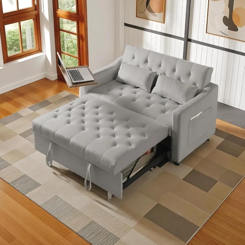 53-Inch Velvet Full Size Sleeper Sofa Couch with Pullout Bed,Convertible Pull Out with Golden , Guest Room, RV (04Grey)