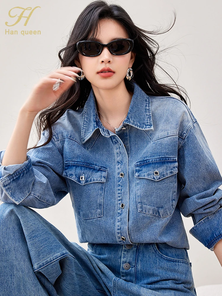 H Han Queen 2024 Autumn Winter Office Blusas Vintage Top Woman Clothing Simple Long Sleeve Basic Pocket Work Casual Denim Shirts