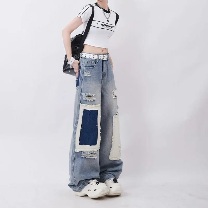 Imagem -05 - Jeans de Grandes Dimensões Remendado Feminino com Bolsos Calças Largas e Retas Soltas Calça Hip Hop Tendência de Rua Alta Primavera e Verão