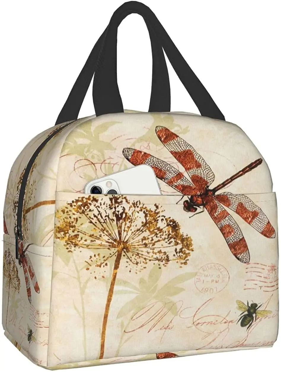 Vintage Leave Dragonfly Insulated Lunch Bag Leakproof Cooler Kids Lunch Box for Men Women Girls Boys Reusable Thermal Tote Bag