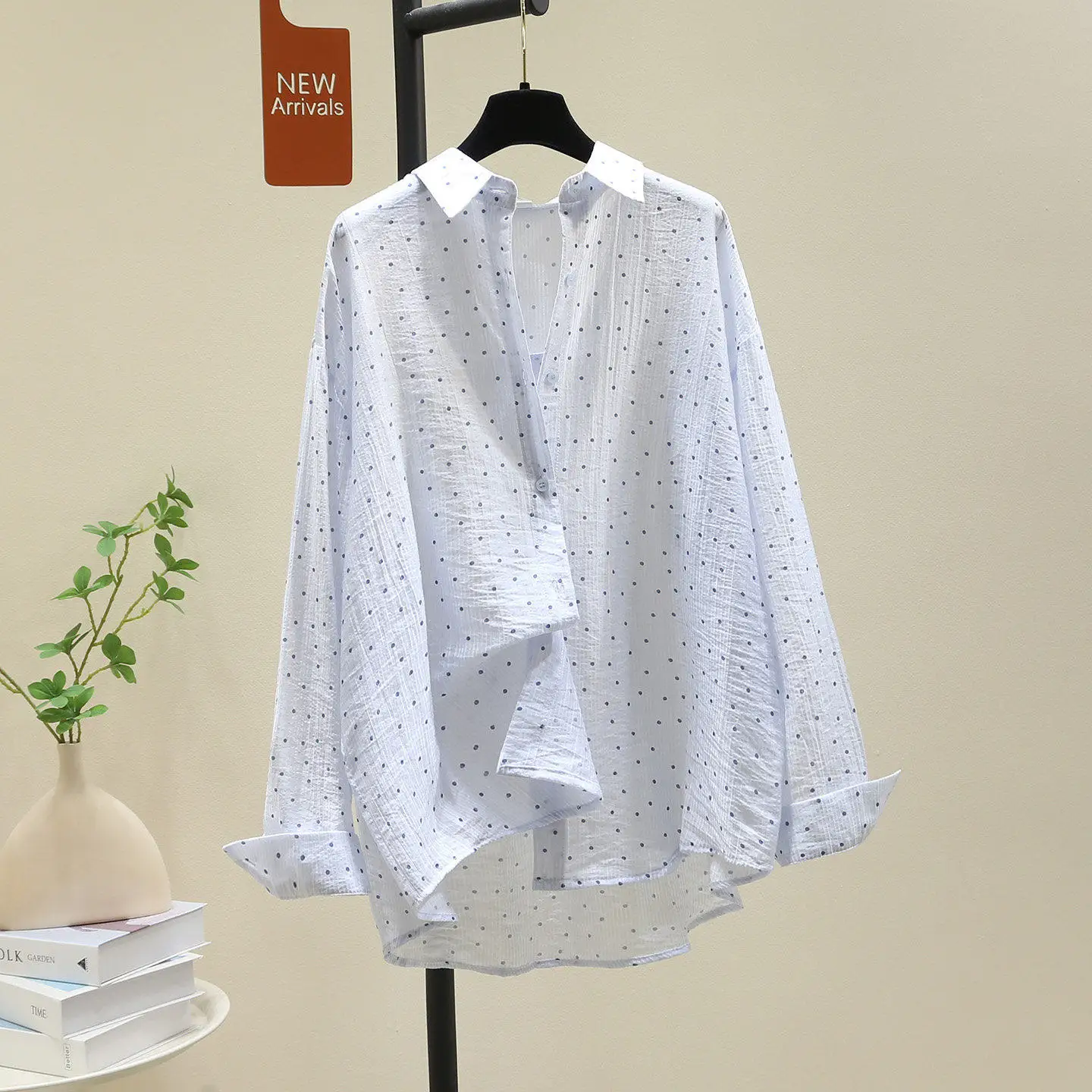 

SuperAen 2026 Summer New Blue Polka Dot Sun Protection Shirts for Women Long-sleeved Loose Asymmetrical Lined Tops