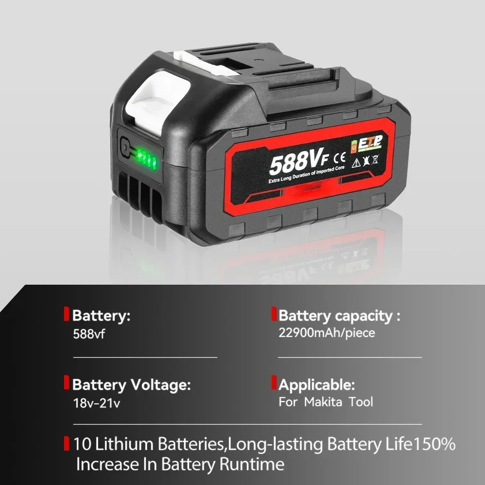 

588VF Rechargeable Lithium Battery 22900mAh Battery High Capacity Indicator for Makita 18V Electric Wrench Drill Power Tool
