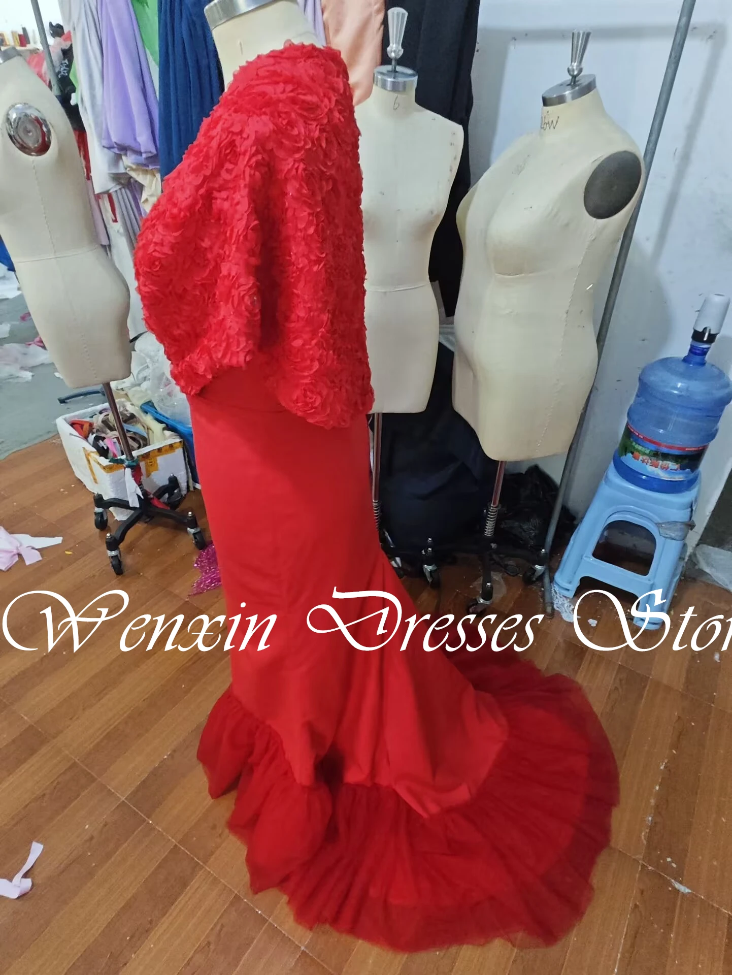 Exquisite Mermaid Red Floor Length Square Neck Jersey Sleeveless Evening Dress Classic Court Train Pleat 3D Flowers Saudi Arabia