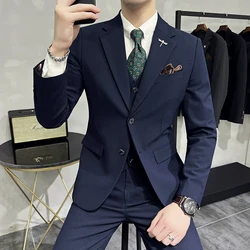 Blazer Vest Pants Men's Navy Blue Suit Set Slim Fit Blazer Vest Pants Formal Outfit for Business Wedding Office Groom Party