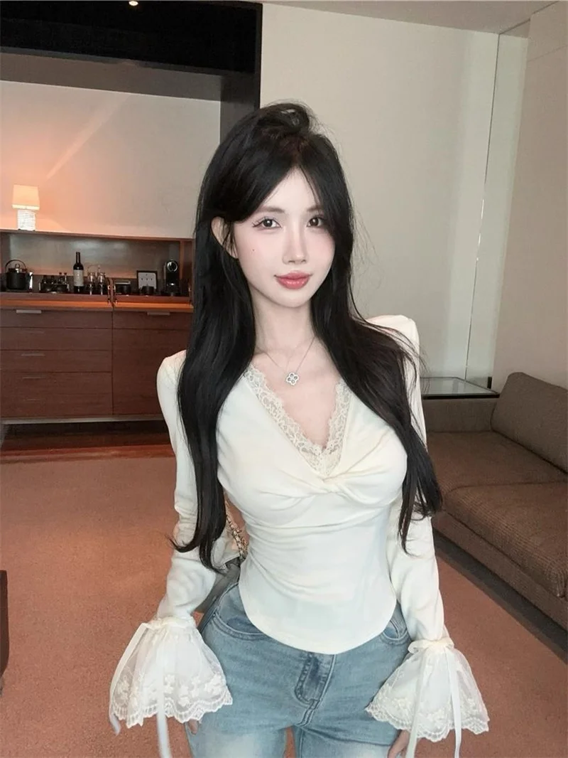 Langarm-T-Shirts für Damen, Frühling, Sommer, sonnenbeständig, schlankmachend, Academia-Stil, Patchwork, O-Kragen, feminin, plissiert, solide