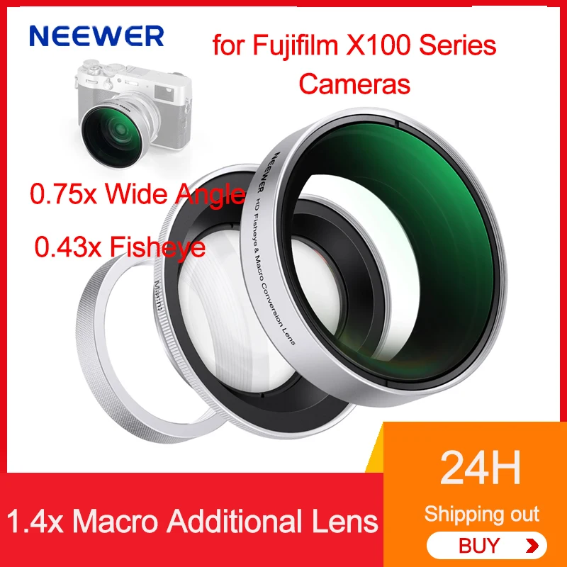 NEEWER 49mm 0.75x Wide Angle 0.43x Fisheye and 1.4x Macro Additional Cameras Lens for Fujifilm X100 X100S X100F X100T X100V VI