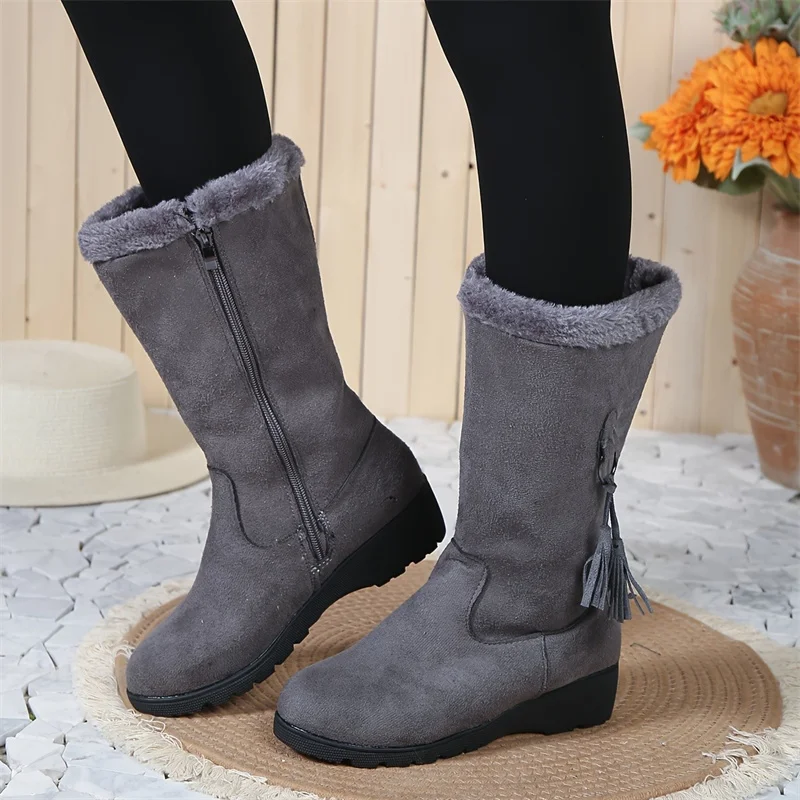 Women\'s Shoes Fashion Women Warm Chelsea High Fur Boots 2024 New Women Boots Mid-calf Plush Snow Flat Boots Zapatos Para Mujeres