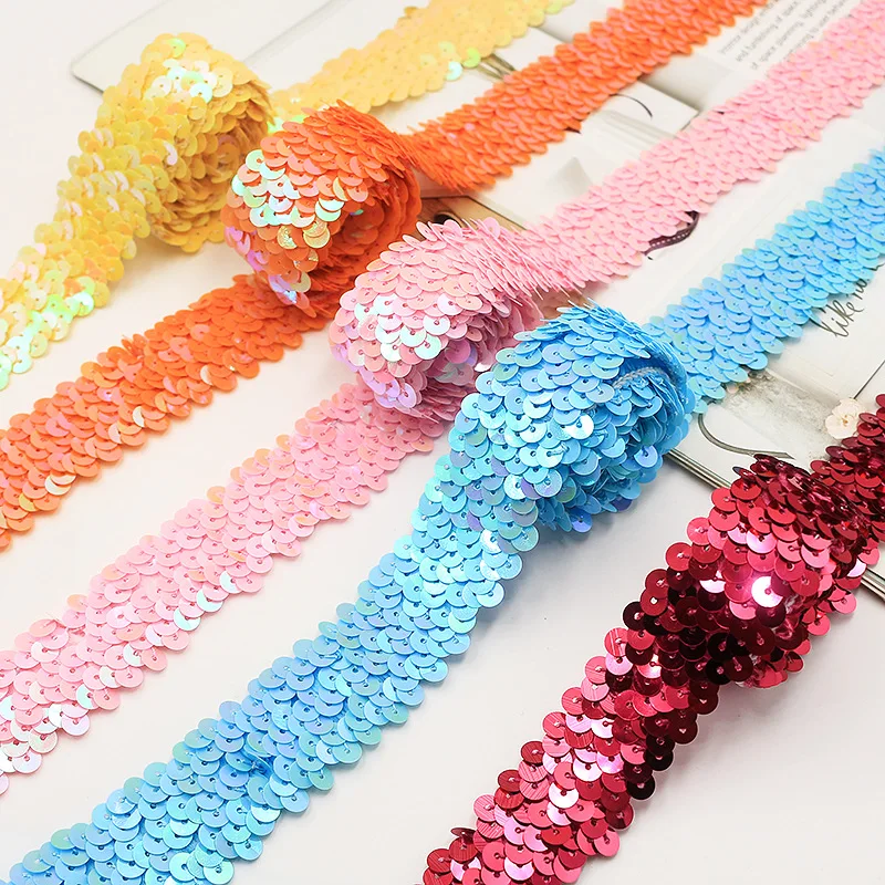 2yards 3cm Elastic Sequiend Lace For Dancing Dress Stage Performance Suits Sewing Paillette Ribbon Tape Handamde Trims