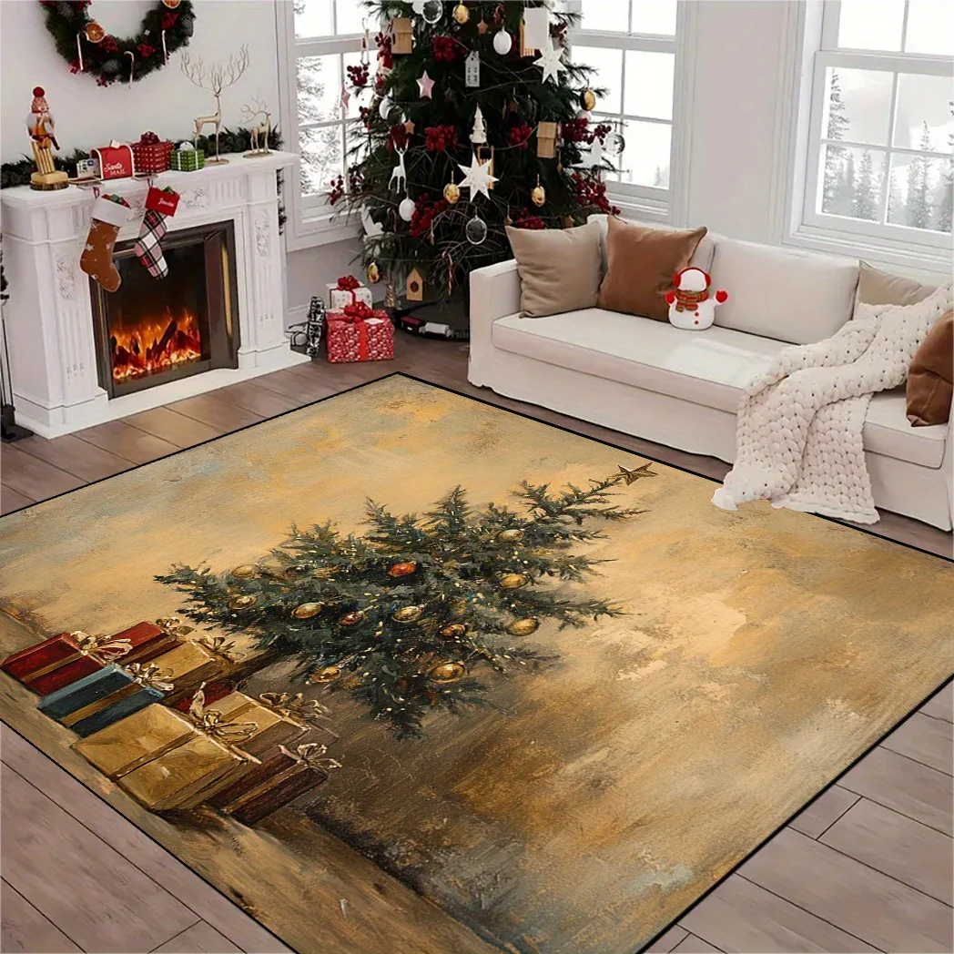 VIKAMA Vintage Christmas Tree Area Rug,Non‑Slip Large Living‑Room Floor Mat Style Gift‑Box Print Carpet for Holiday Home Decor
