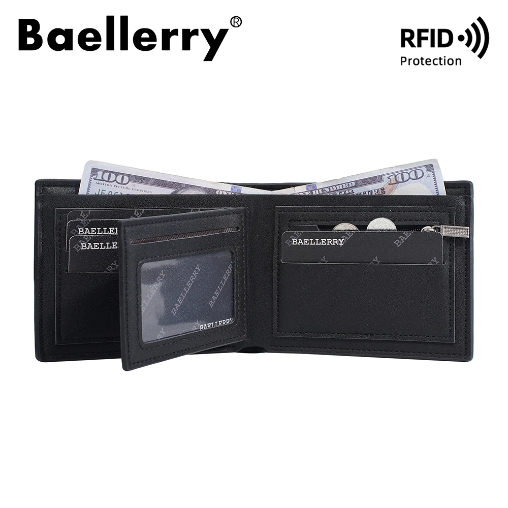 محفظة Baellerry للرجال RFID قصيرة ثنائية الطي، حامل بطاقات جلدي ممتاز مضاد للتشطيط مع جيب للعملات المعدنية بسحاب، آمن M