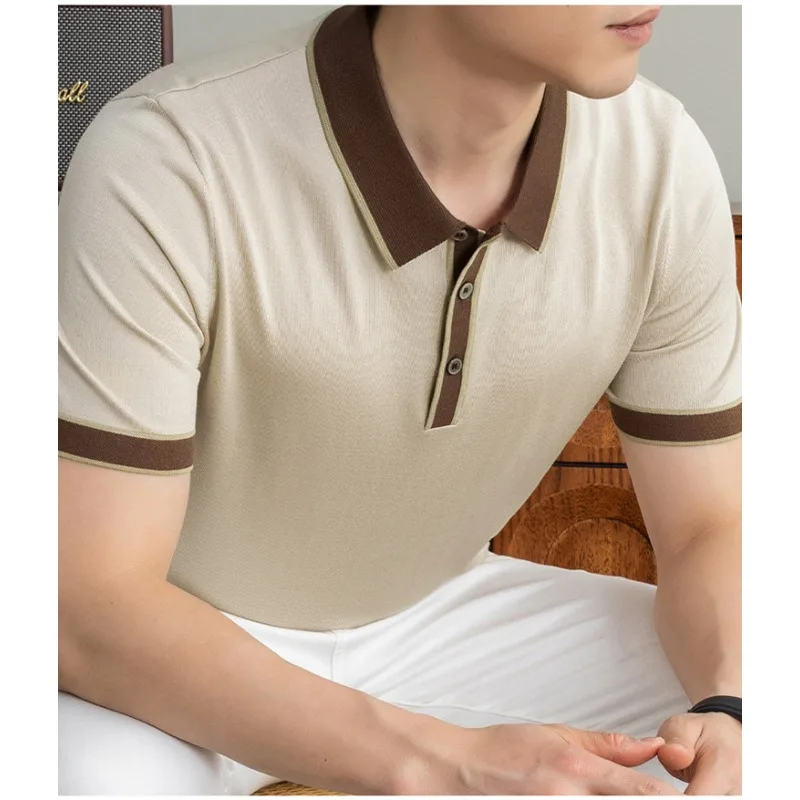 Luxury Men's Polo Shirts Tshirt Silk Casual Vintage Short Sleeve Top Premium Blend Summer
