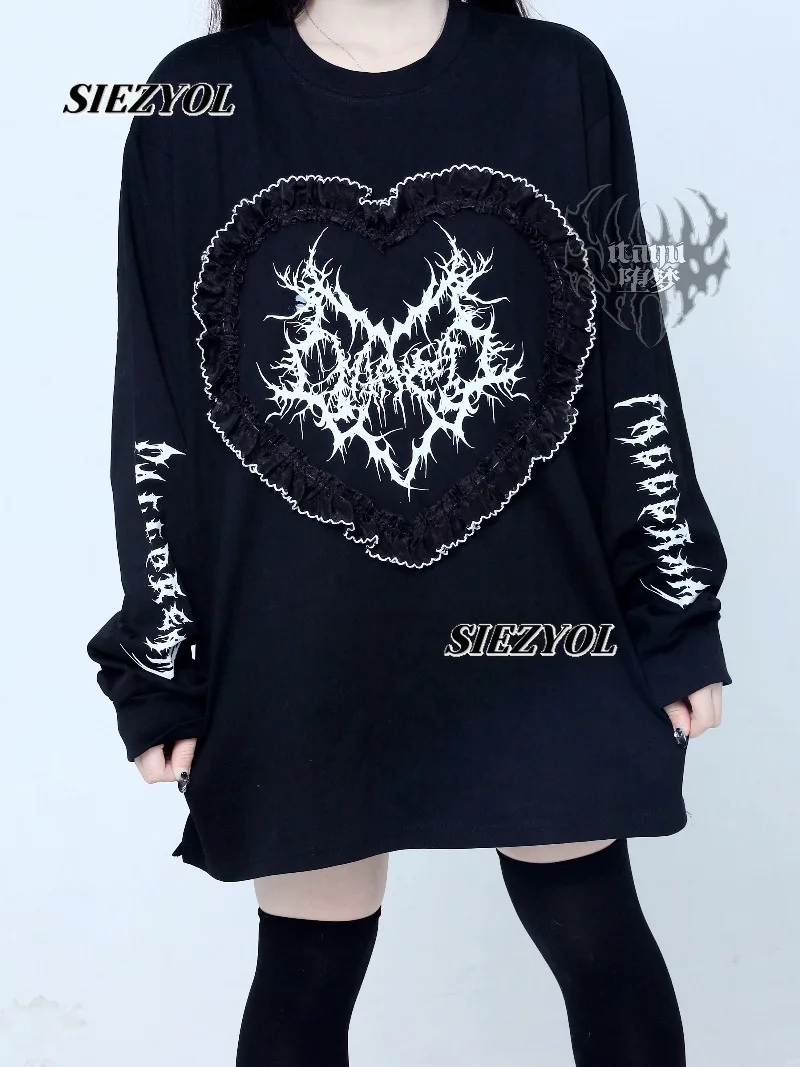 Sweet Fashion T Shirt Versatile Woman Loose Black Tops Spring and Autumn New Original Dark Love Print Long-sleeved T-shirt