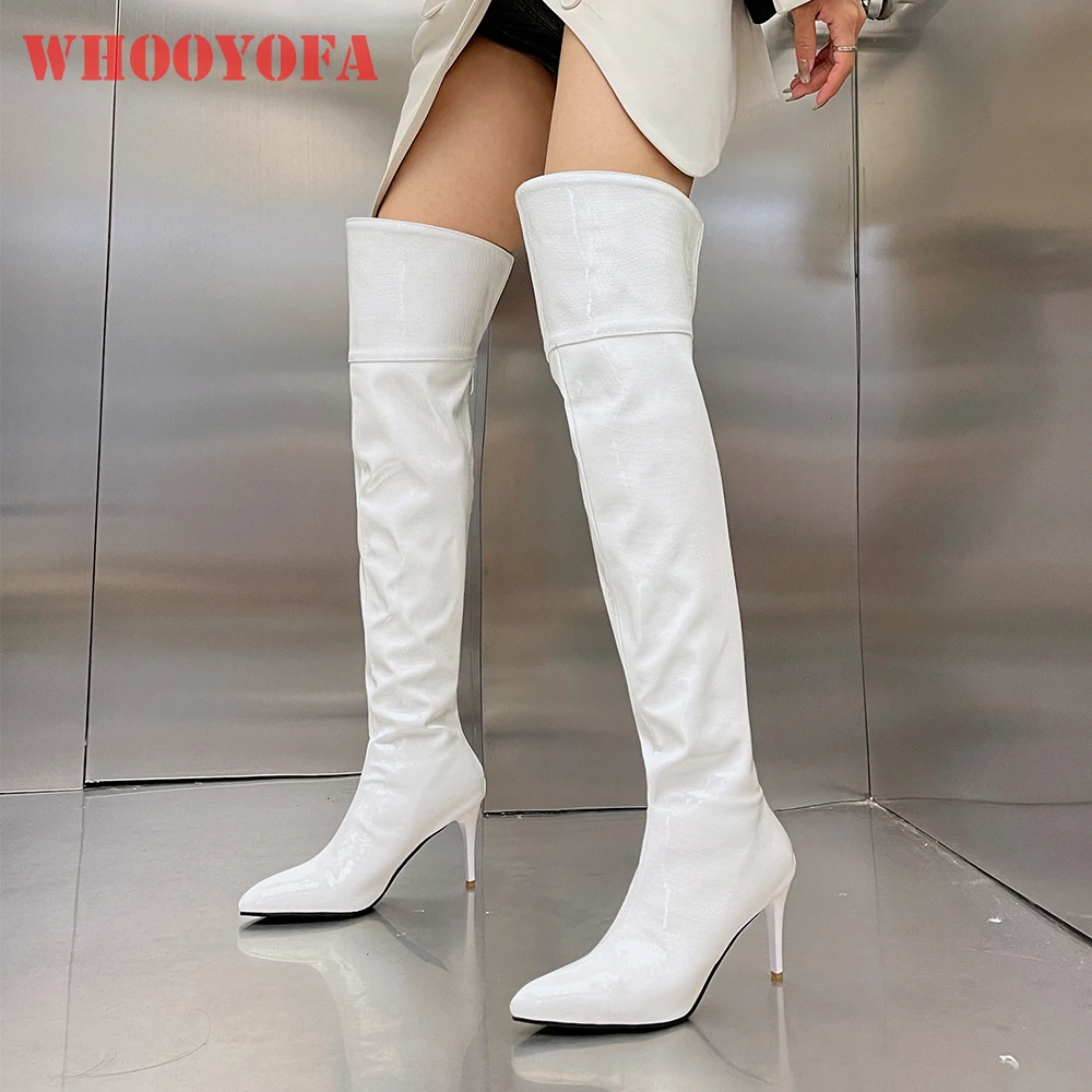 

Winter Glamour White Green Women Thigh High Boots Hot Over The Knee High Heel Lady Shoes Dress Plus Big Size 12 43 45 48