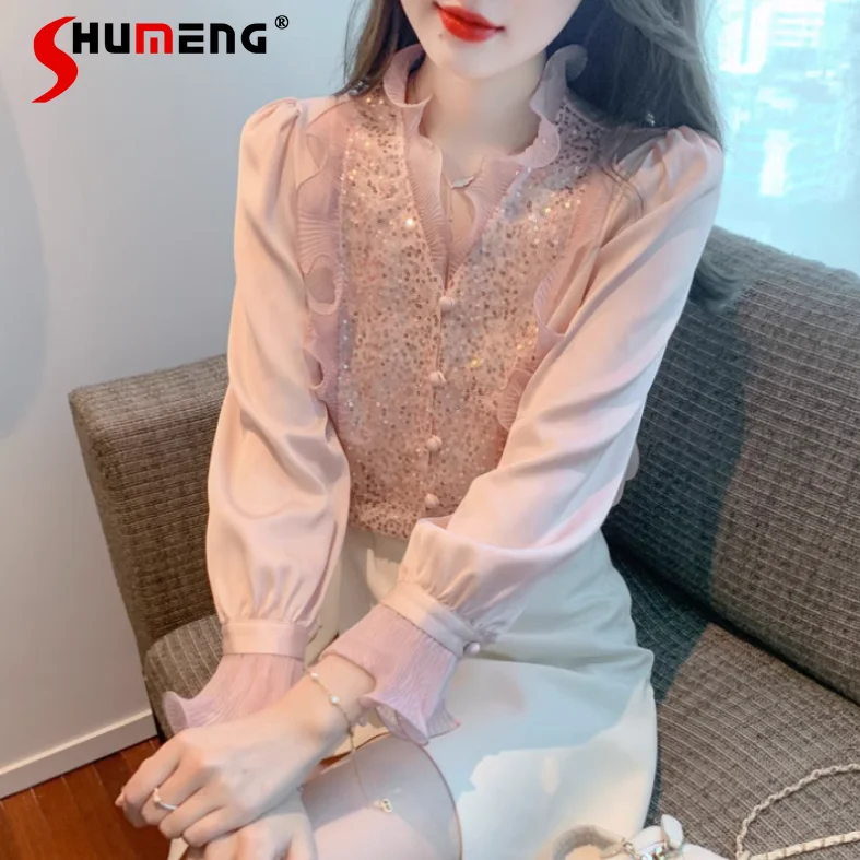 

Elegant Sequined Shiny Solid Color V-neck Shirt Women 2023 Spring New Temperament Fashion Loose Slimming Long Sleeve Blusas Top