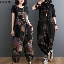 2024 moda nova feminina solta impressão denim macacão com bolsos grandes vintage casual macacão senhoras jeans cintas calças de grandes dimensões