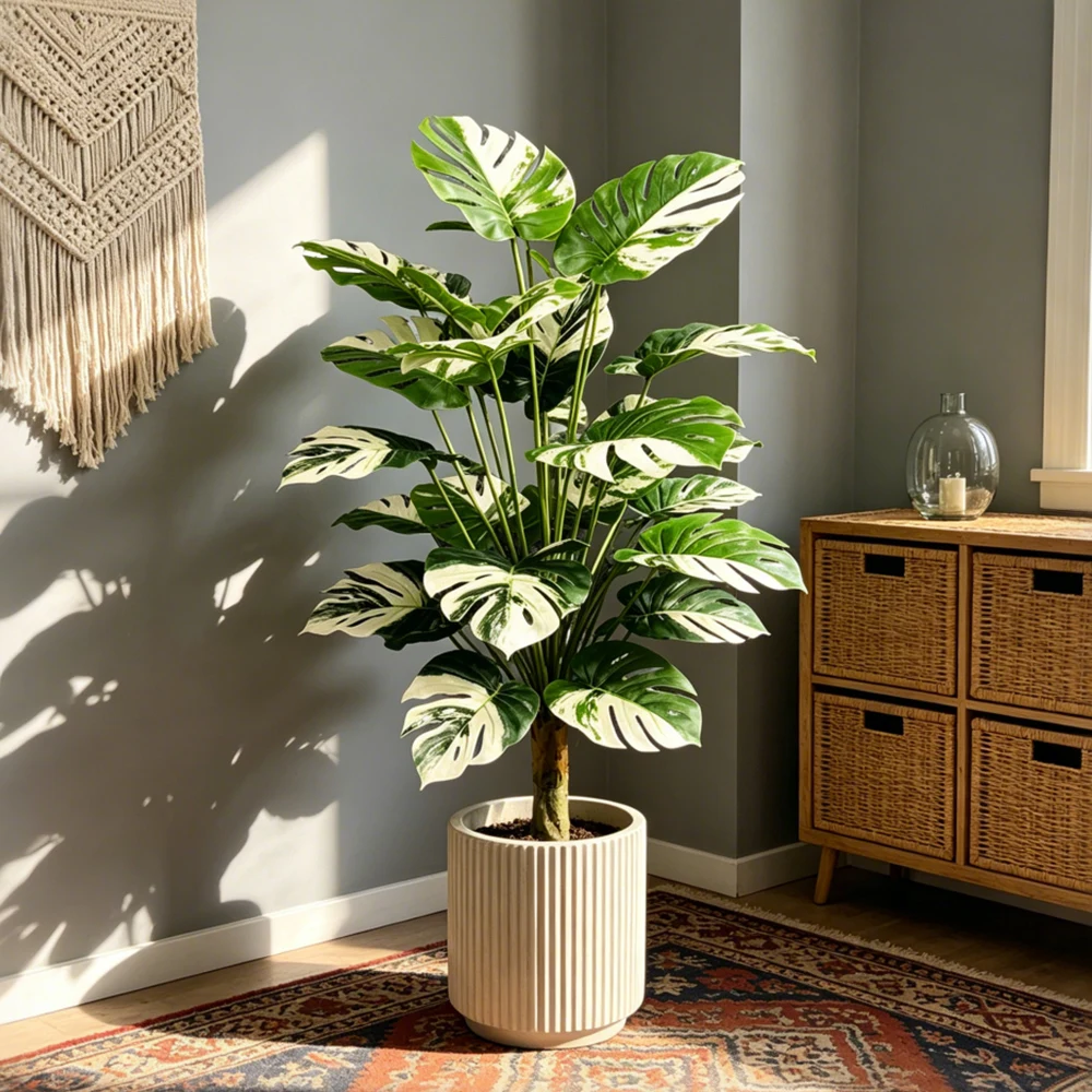 65-95cm Großer Künstlicher Monstera Variegata Baum, Künstliche Palmenpflanzen, Weiße Swiss Cheese Pflanze für Heim, Party, Outdoor, Hochzeitsdekoration – Detail 1