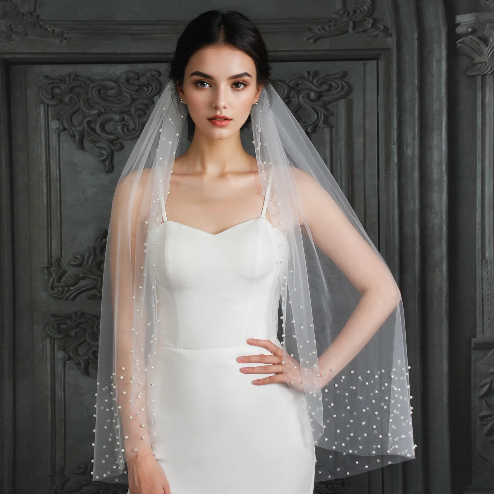 

Свадебная фата с жемчужными бусинами и декоративным шлейфом, разные длины, элегантная фата для невесты, для церемонии в церкви G157