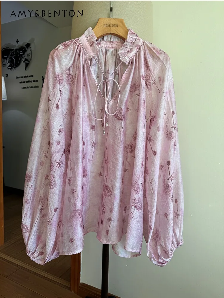 

Commute Style Fashion Sweet Pink Chiffon Shirt Spring Summer New French Temperament V-neck Loose Slim Thin Long Sleeves Blouses