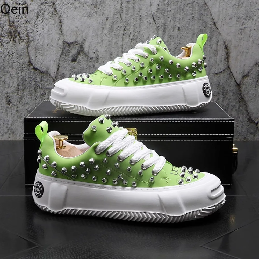 

Mens Rivet Sneakers Casual Studs Platform Round Toe Boys Flats Sport Lace Up Korean Styles Punk Dark Shoes New 2023