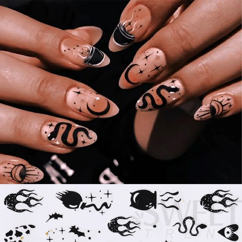 Evil Eyes Heart 3D Naklejki na paznokcie Snake Moon Star Line Slider For Nails Witch Design Summer Purple Decor Flame Decal Manicure Tip